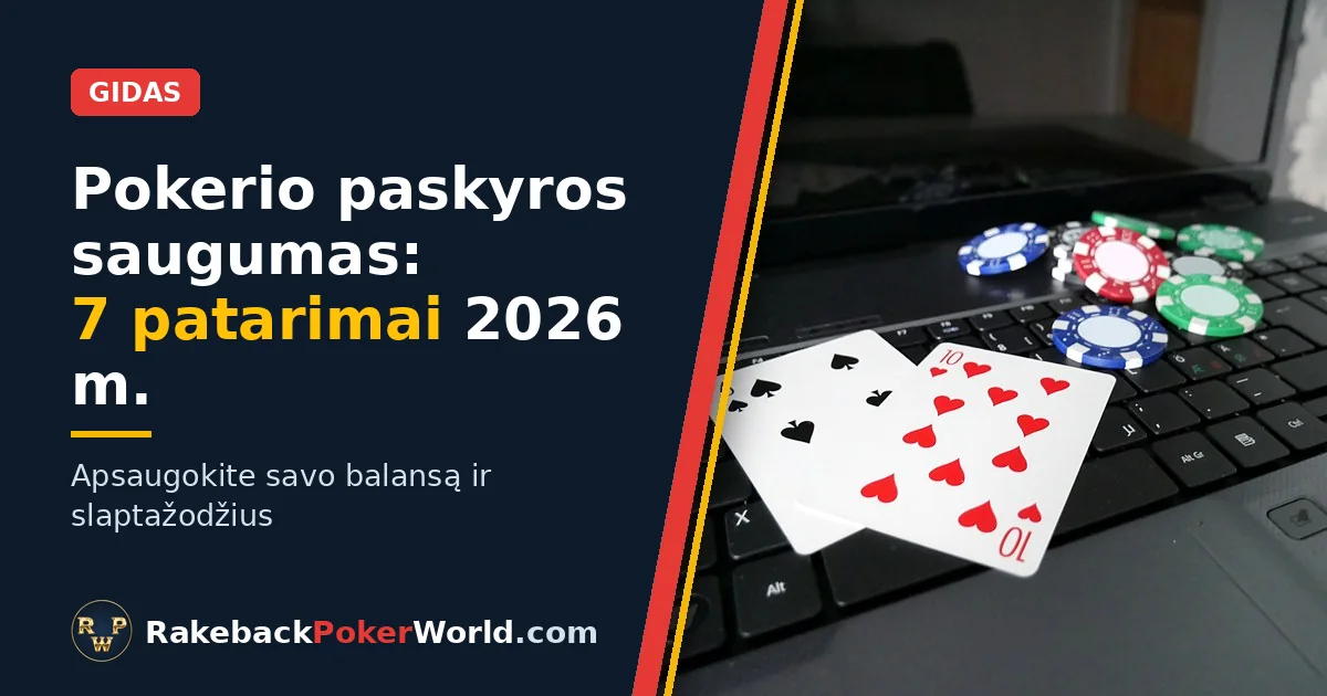 Pokerio paskyros saugumo gido viršelis: nešiojamasis kompiuteris su dviem kortomis ir pokerio žetonais ant klaviatūros