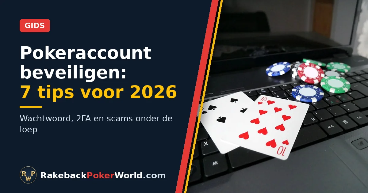 Cover van de gids over pokeraccount-beveiliging: laptop met twee speelkaarten en pokerfiches op het toetsenbord