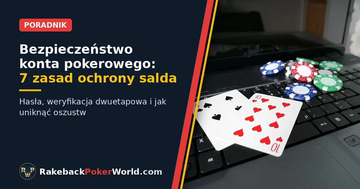 Okładka poradnika o bezpieczeństwie konta pokerowego: laptop z dwiema kartami do gry i żetonami pokerowymi na klawiaturze