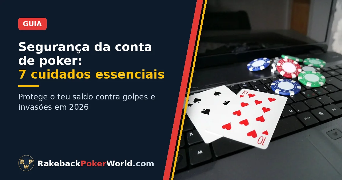Capa do guia de segurança da conta de poker: portátil com duas cartas de baralho e fichas de poker sobre o teclado