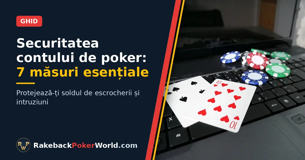 Coperta ghidului de securitate a contului de poker: laptop cu două cărți de joc și jetoane de poker pe tastatură