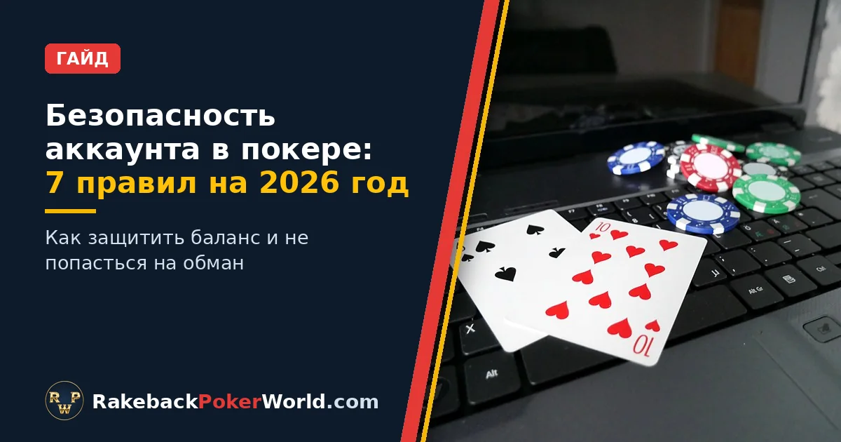 Обложка гайда по безопасности покерного аккаунта: ноутбук с двумя игральными картами и покерными фишками на клавиатуре