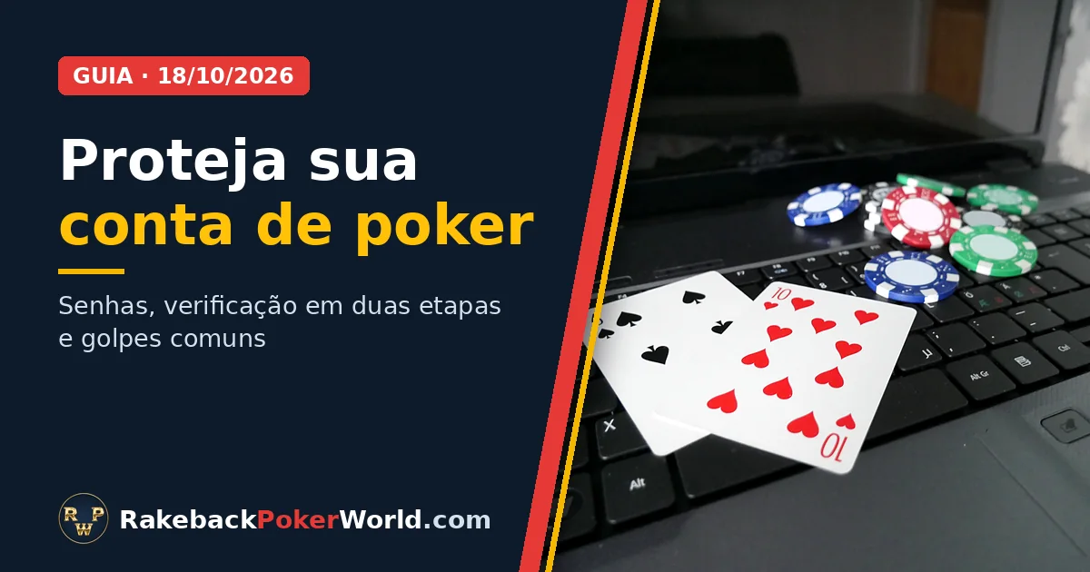 Capa do guia de segurança da conta de poker: notebook com duas cartas de baralho e fichas de poker sobre o teclado