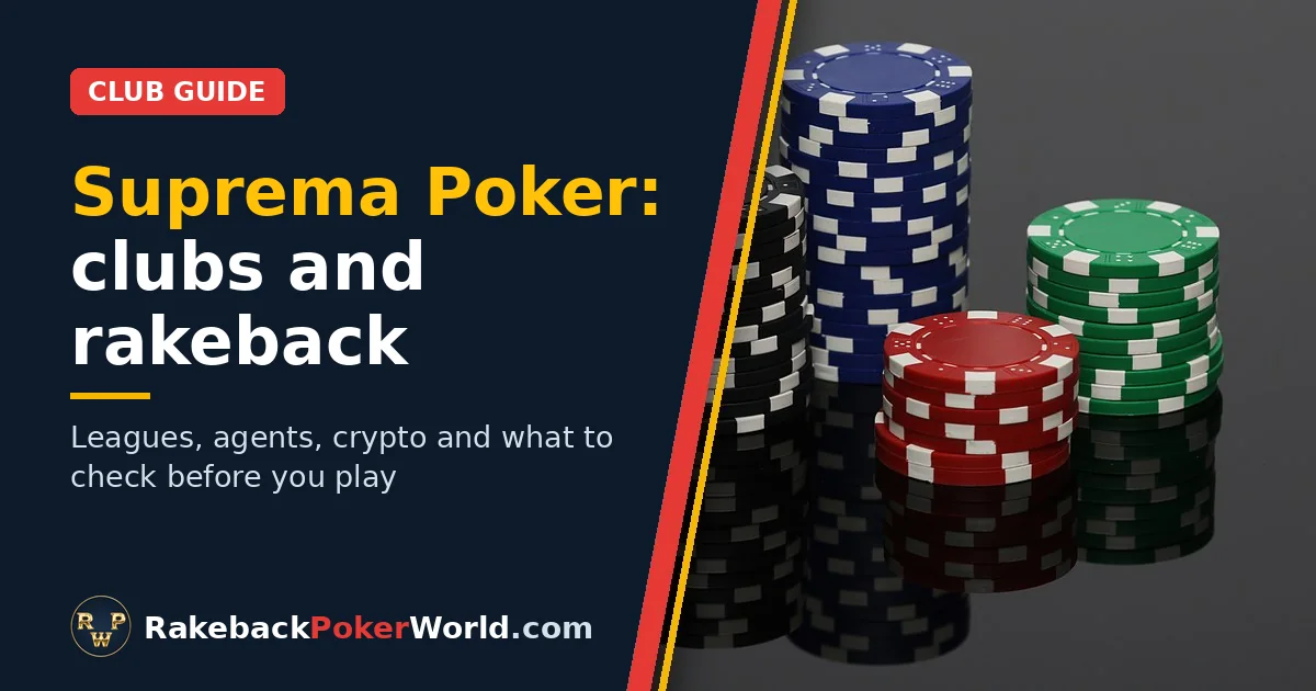 Cover: stacks of poker chips, for the guide to clubs and rakeback on Suprema Poker