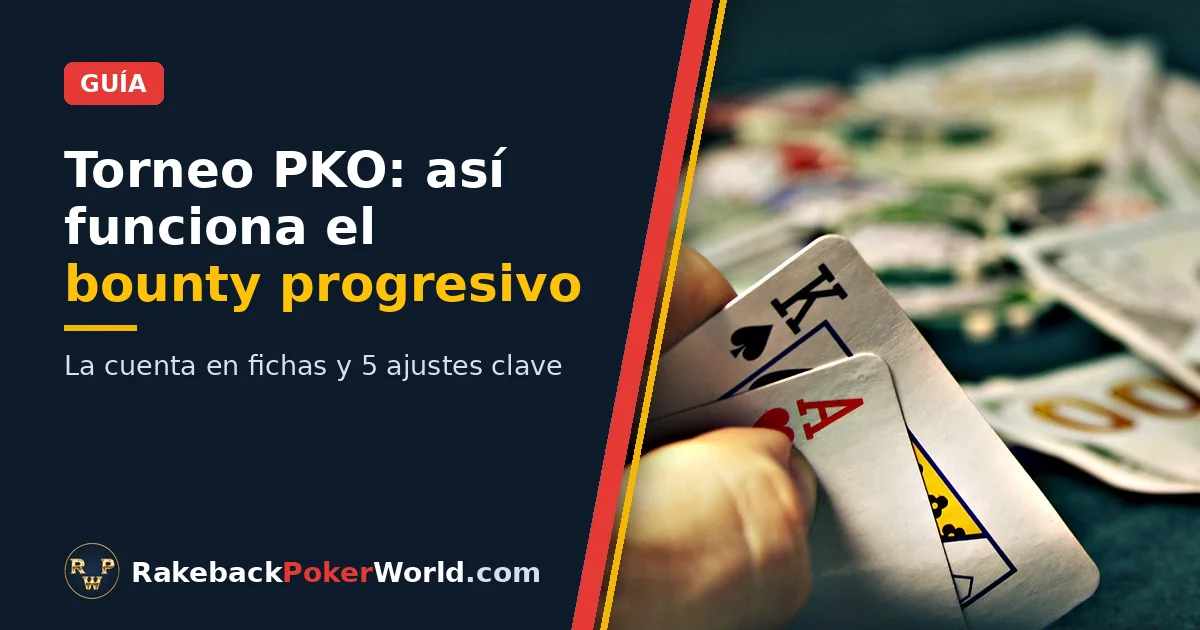 Portada: mano sosteniendo un as y un rey sobre la mesa con fichas y dinero; guía de cómo funciona el bounty en el torneo PKO