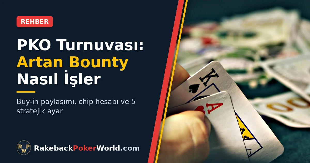 Kapak: fiş ve para bulunan masanın üzerinde bir as ile bir kral tutan el; PKO turnuvasında bounty'nin nasıl işlediğine dair rehber