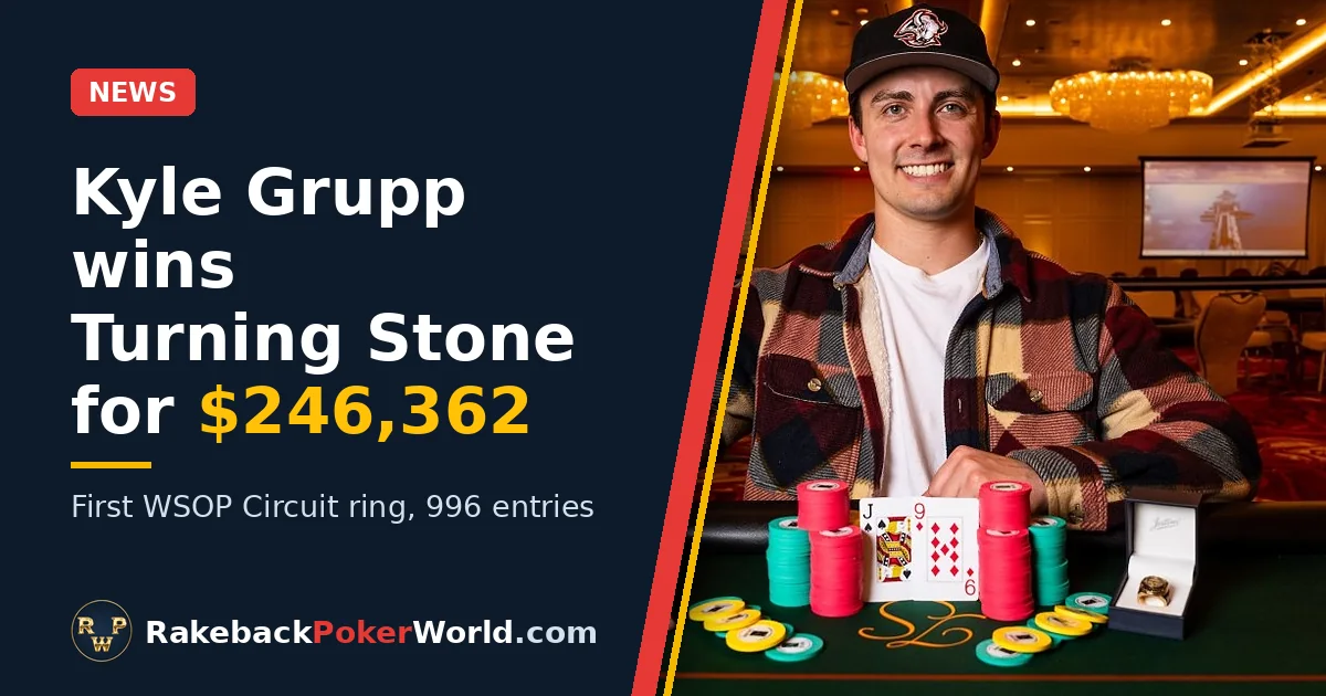 Cover: Kyle Grupp at the final table with his chips, his winning hand and the WSOP Circuit ring at Turning Stone