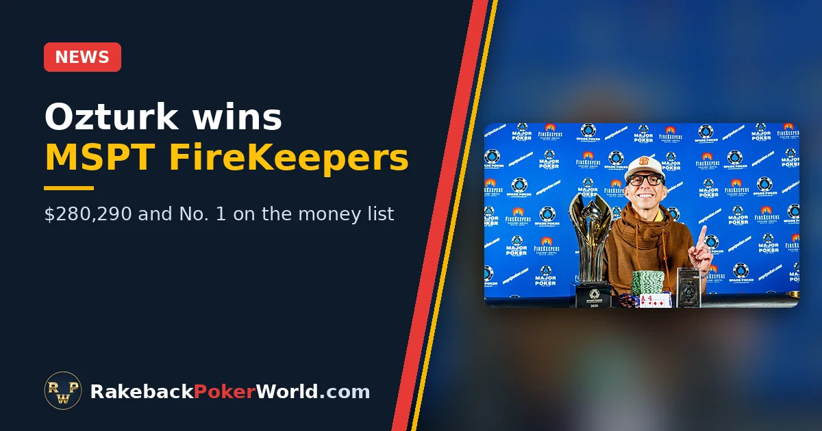 Cover: Umut Ozturk with the MSPT Spade Poker Championship trophy at FireKeepers Casino