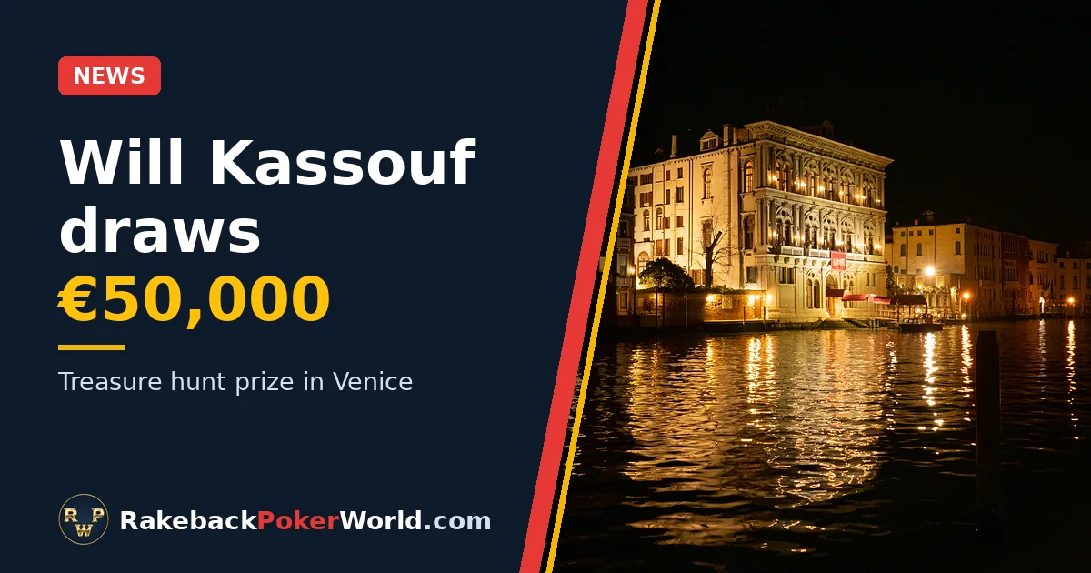 Cover: the Venice casino at Ca' Vendramin Calergi lit up at night on the Grand Canal, with the headline Will Kassouf draws €50,000