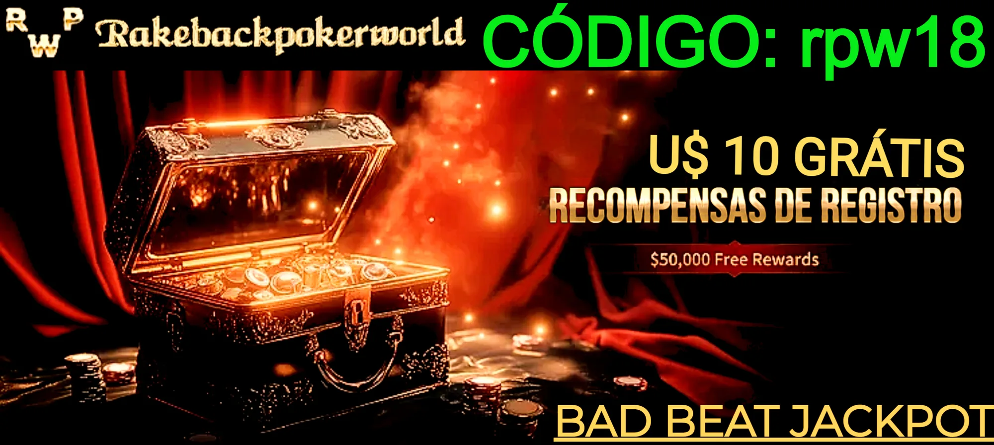Banner promocional da VangPoker com um baú de tesouro aberto, cheio de moedas de ouro, sobre um fundo vermelho com cortinas. À esquerda, o texto "RPW RAKEBACKPOKERWORLD" em letras brancas e douradas. À direita, "CÓDIGO: RPWORLD" em letras verdes. No centro, a frase "RECOMPENSAS DE REGISTRO" em letras grandes e douradas, com "$50.000 Free Rewards" logo abaixo em letras brancas, destacando a promoção de registro.