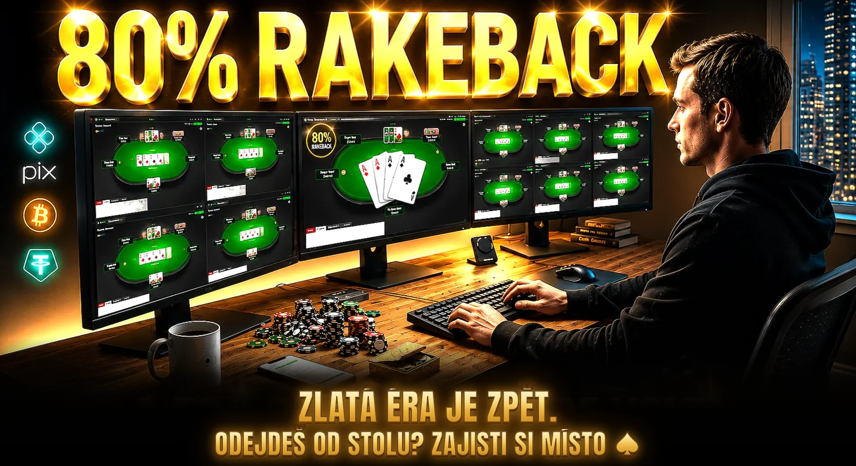 Pokerový hráč u tří monitorů s mnoha stoly, žetony na stole a titulek rakeback 80%: zlatá éra je zpět