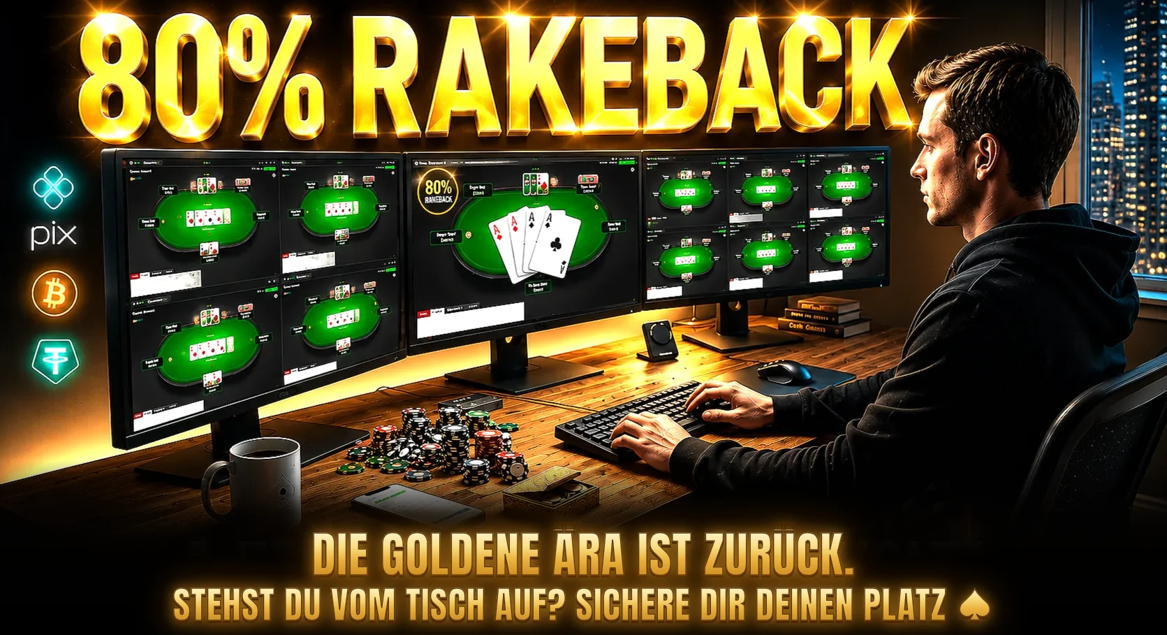 Pokerspieler an drei Monitoren mit vielen Tischen, Chips auf dem Schreibtisch und der Schlagzeile 80 % Rakeback: Die goldene Ära ist zurück