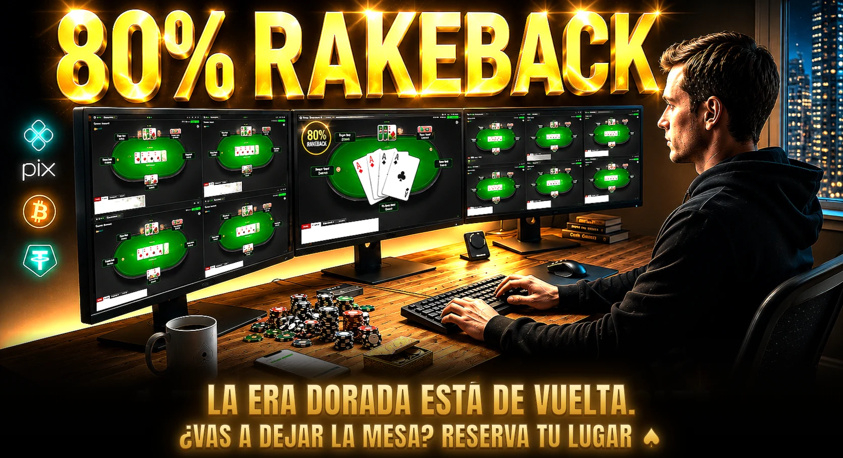 Jugador de póker frente a tres monitores con varias mesas abiertas, fichas sobre el escritorio y el titular 80% de rakeback: la era dorada está de vuelta