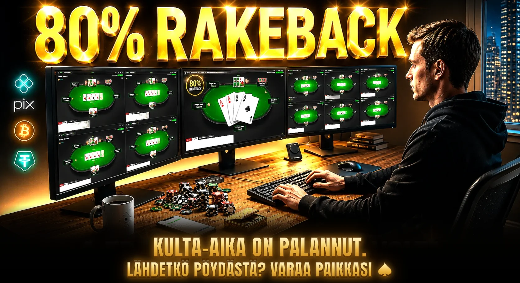 Pokerinpelaaja kolmen näytön ääressä monen pöydän kanssa, pelimerkkejä pöydällä ja otsikko 80 % rakeback: kulta-aika on palannut