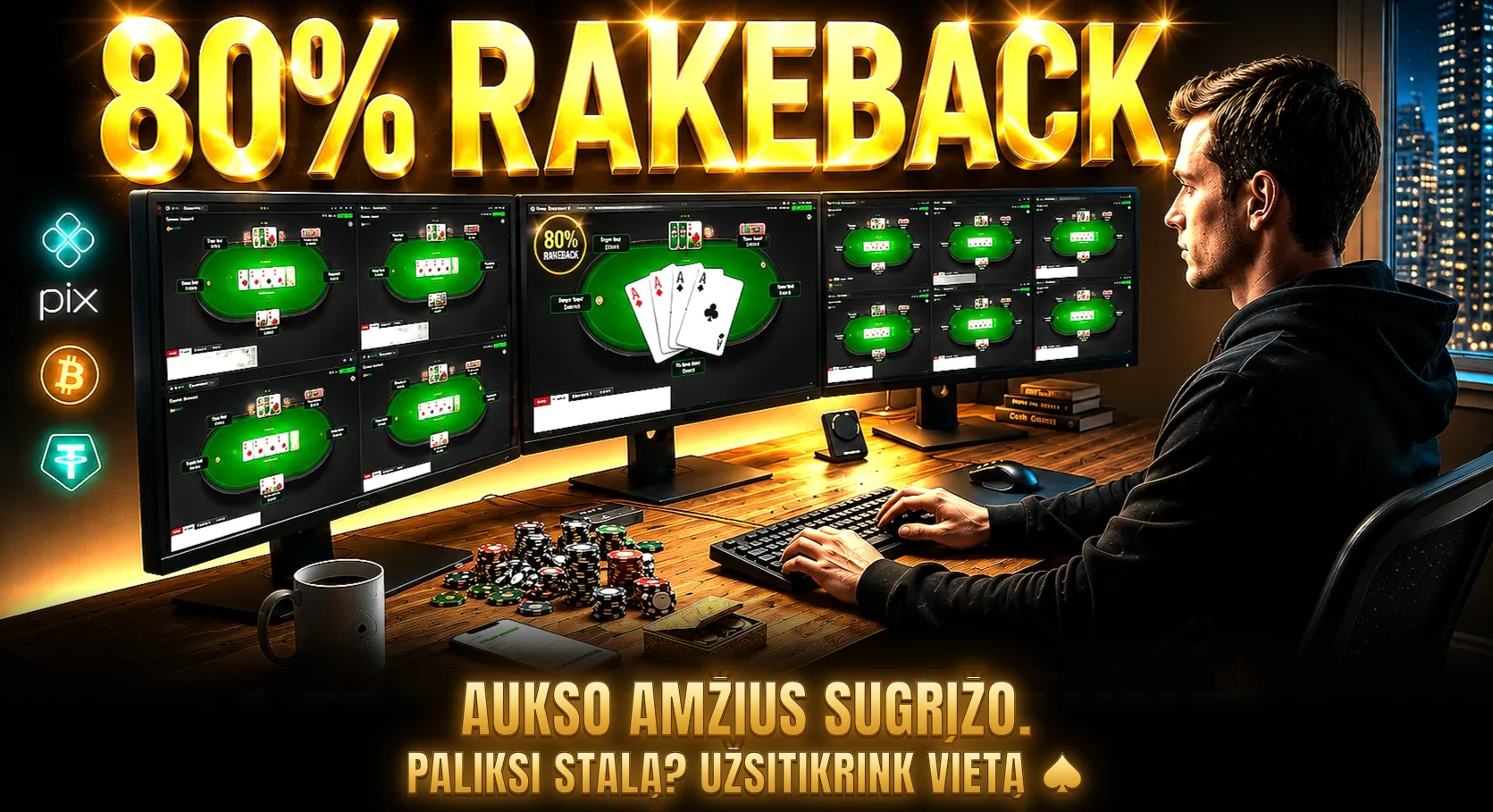 Pokerio žaidėjas prie trijų monitorių su daug stalų, žetonai ant stalo ir antraštė 80 % rakeback: aukso amžius grįžo