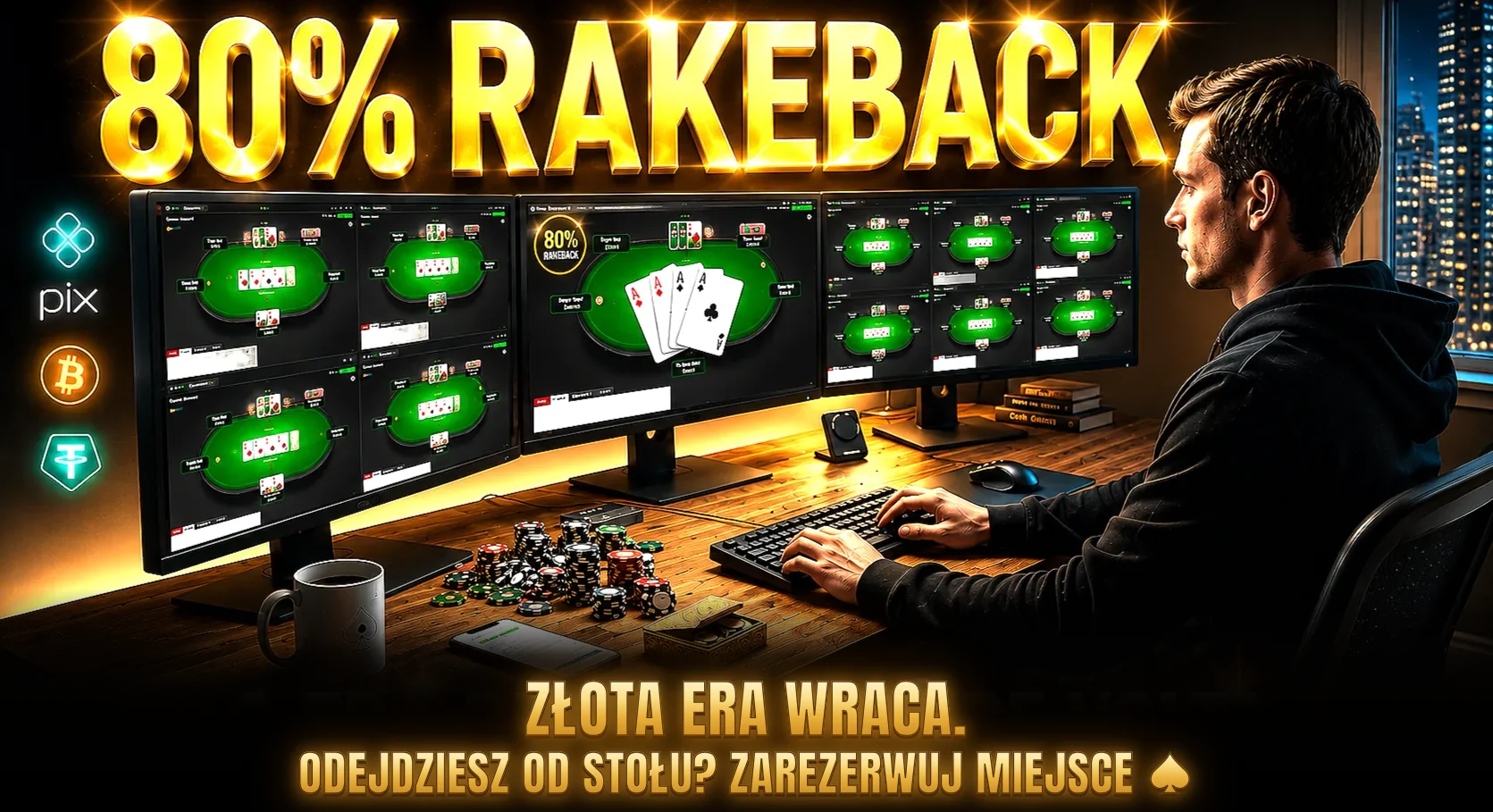 Pokerzysta przed trzema monitorami z wieloma stołami, żetony na biurku i nagłówek 80% rakebacku: złota era wraca