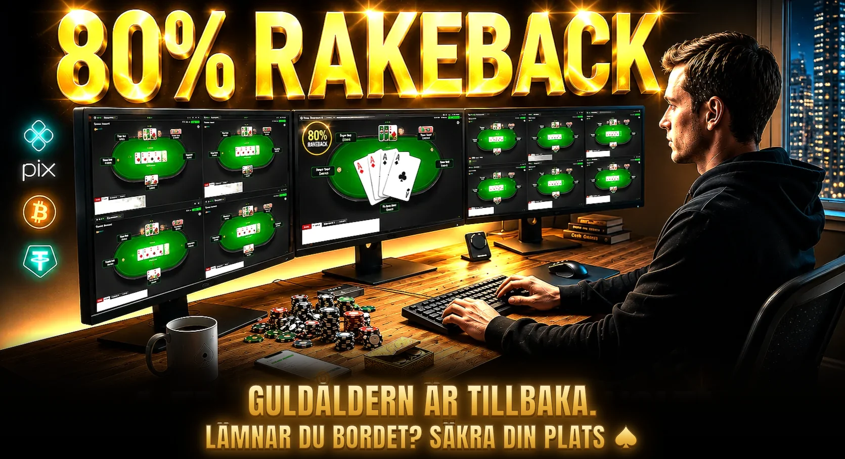 Pokerspelare framför tre skärmar med många bord, marker på skrivbordet och rubriken 80 % rakeback: guldåldern är tillbaka